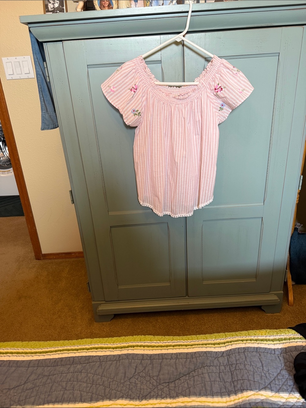 Women’s Pink Striped Off-Shoulder Embroidered Blouse
